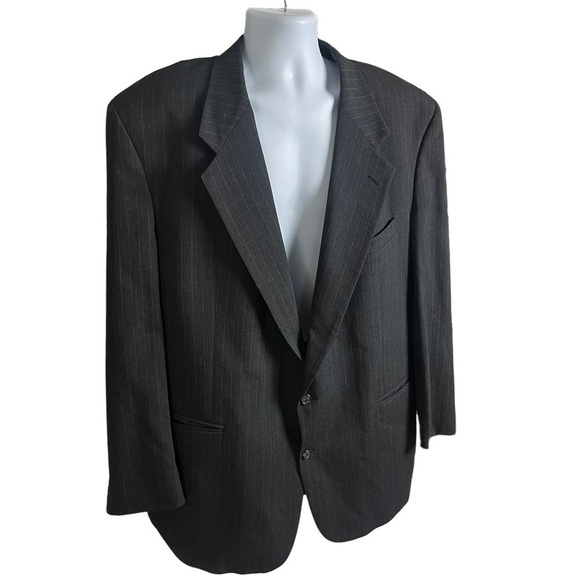 Christian Dior Vintage Wool Double Breasted Pinstripe Charcoal Suit Jacket XL - Picture 1 of 11